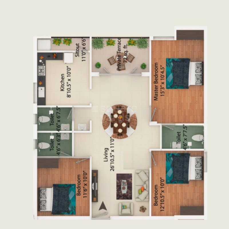 Floor plan of 3 BHK 1308 Sq. Ft. Apartment in My Home Nakshatra, Chennai