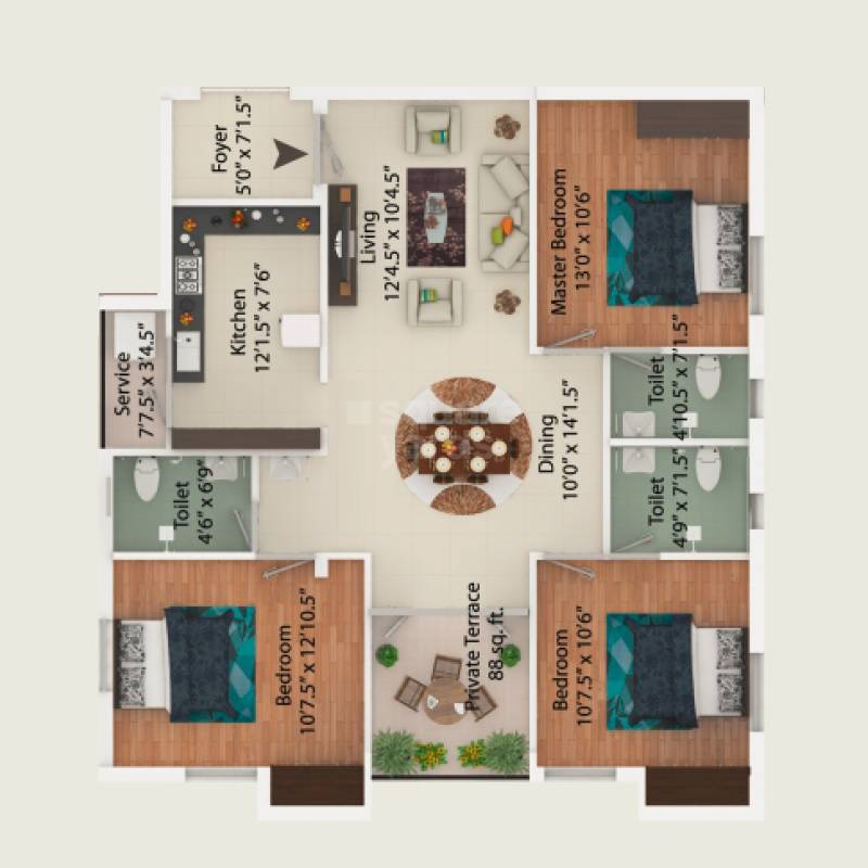 Floor plan of 3 BHK 1345 Sq. Ft. Apartment in My Home Nakshatra, Chennai
