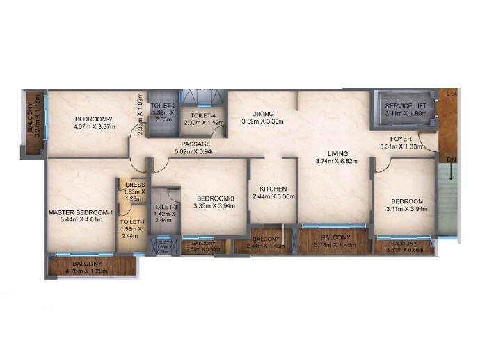 Floor plan of 4 BHK 2380 Sq. Ft. Apartment in Nahar Adyar, Chennai