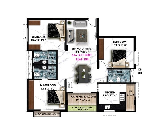 Floor plan of 3 BHK 1611 Sq. Ft. Apartment in Nahar Arista, Chennai