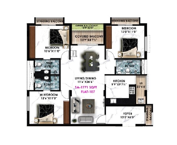 Floor plan of 3 BHK 1771 Sq. Ft. Apartment in Nahar Arista, Chennai
