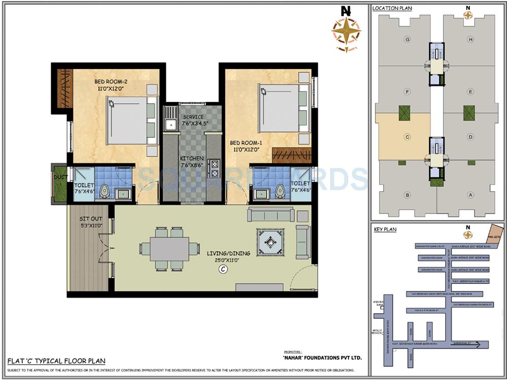 Floor plan of 3 BHK 1109 Sq. Ft. Apartment in Nahar Foundations Dewdrops, Chennai