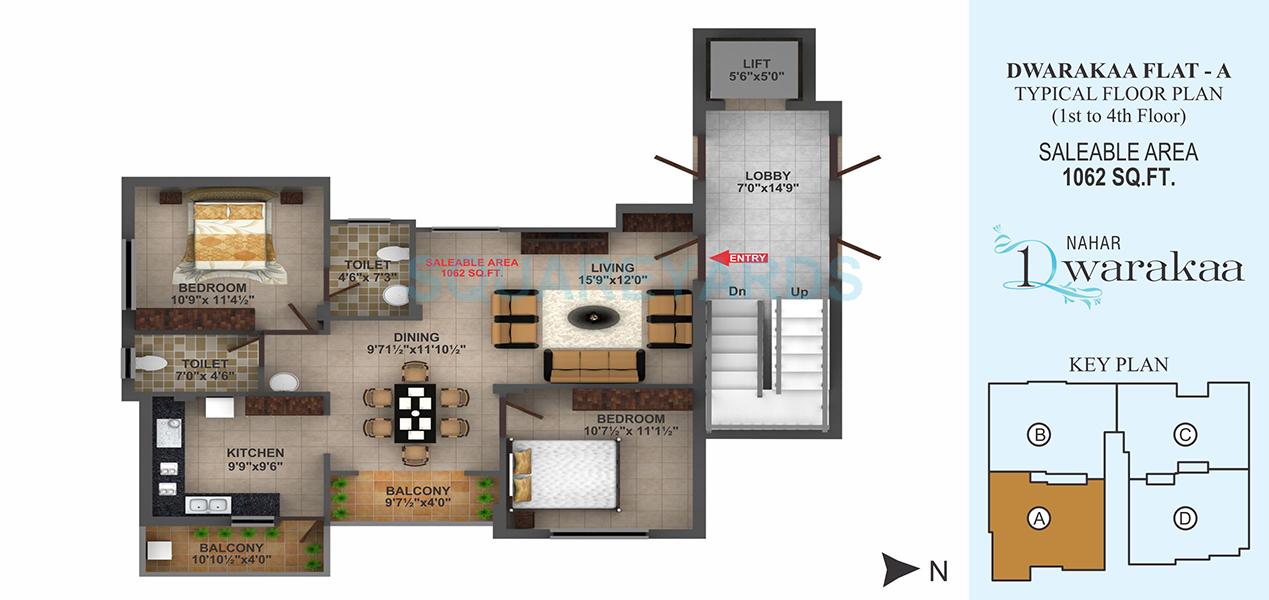 Floor plan of 2 BHK 1062 Sq. Ft. Apartment in Nahar Foundations Dwarakaa, Chennai