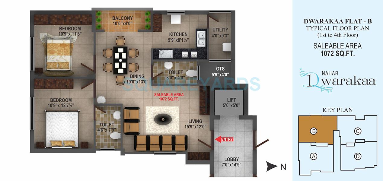 Floor plan of 2 BHK 1072 Sq. Ft. Apartment in Nahar Foundations Dwarakaa, Chennai