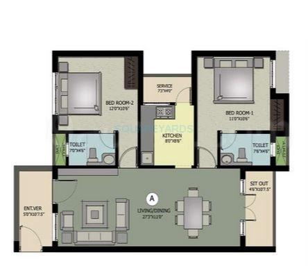 Floor plan of 2 BHK 1188 Sq. Ft. Apartment in Nahar Foundations Jai Madhav, Chennai