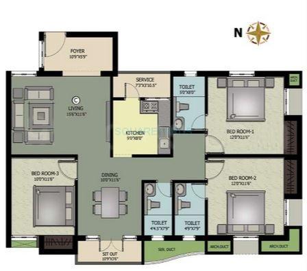 Floor plan of 3 BHK 1513 Sq. Ft. Apartment in Nahar Foundations Jai Madhav, Chennai