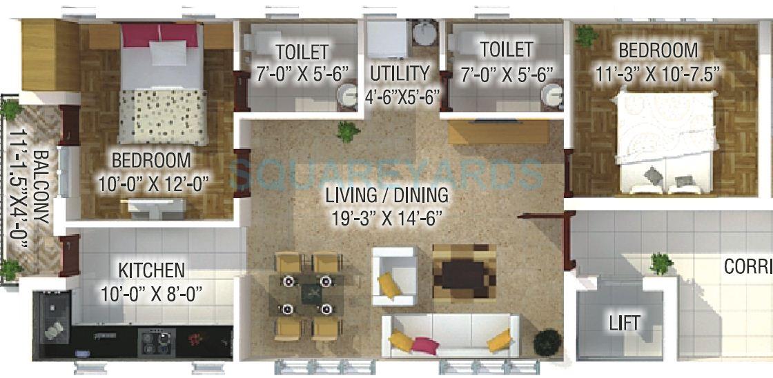 Floor plan of 2 BHK 1062 Sq. Ft. Apartment in Nahar Foundations Kirwani, Chennai