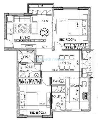 Floor plan of 2 BHK 1110 Sq. Ft. Apartment in Nahar Foundations Mangalam, Chennai