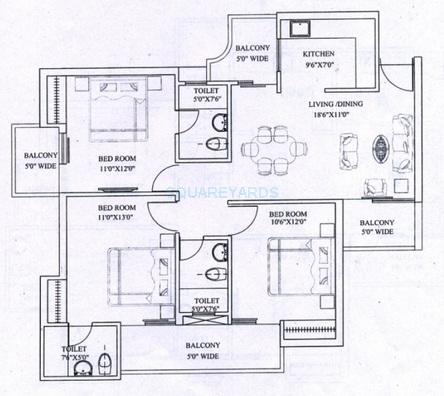 Floor plan of 3 BHK 1390 Sq. Ft. Apartment in Nahar Foundations Mangalam, Chennai