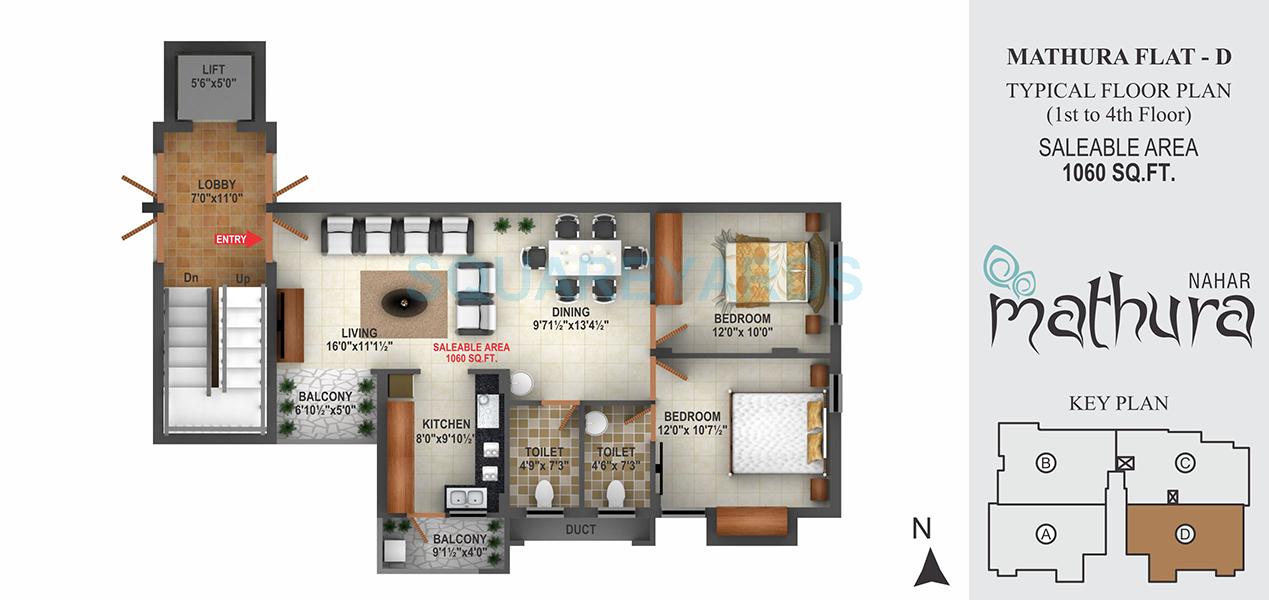 Floor plan of 2 BHK 1060 Sq. Ft. Apartment in Nahar Foundations Mathura, Chennai