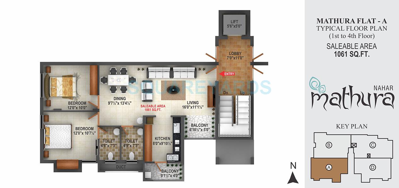 Floor plan of 2 BHK 1061 Sq. Ft. Apartment in Nahar Foundations Mathura, Chennai