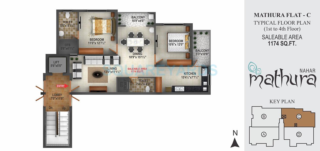 Floor plan of 2 BHK 1174 Sq. Ft. Apartment in Nahar Foundations Mathura, Chennai