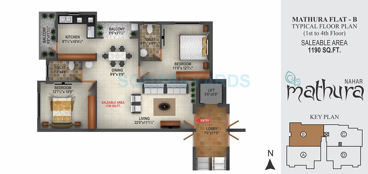 Floor plan of 2 BHK 1190 Sq. Ft. Apartment in Nahar Foundations Mathura, Chennai