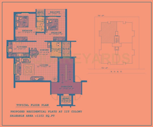 Floor plan of 2 BHK 1102 Sq. Ft. Apartment in Nahar Foundations Nahar Turquoise, Chennai