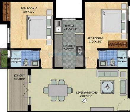 Floor plan of 2 BHK 1020 Sq. Ft. Apartment in Nahar Foundations Regency, Chennai