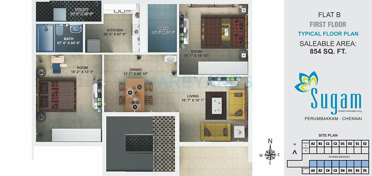 Floor plan of 2 BHK 854 Sq. Ft. Apartment in Nahar Foundations Sugam, Chennai