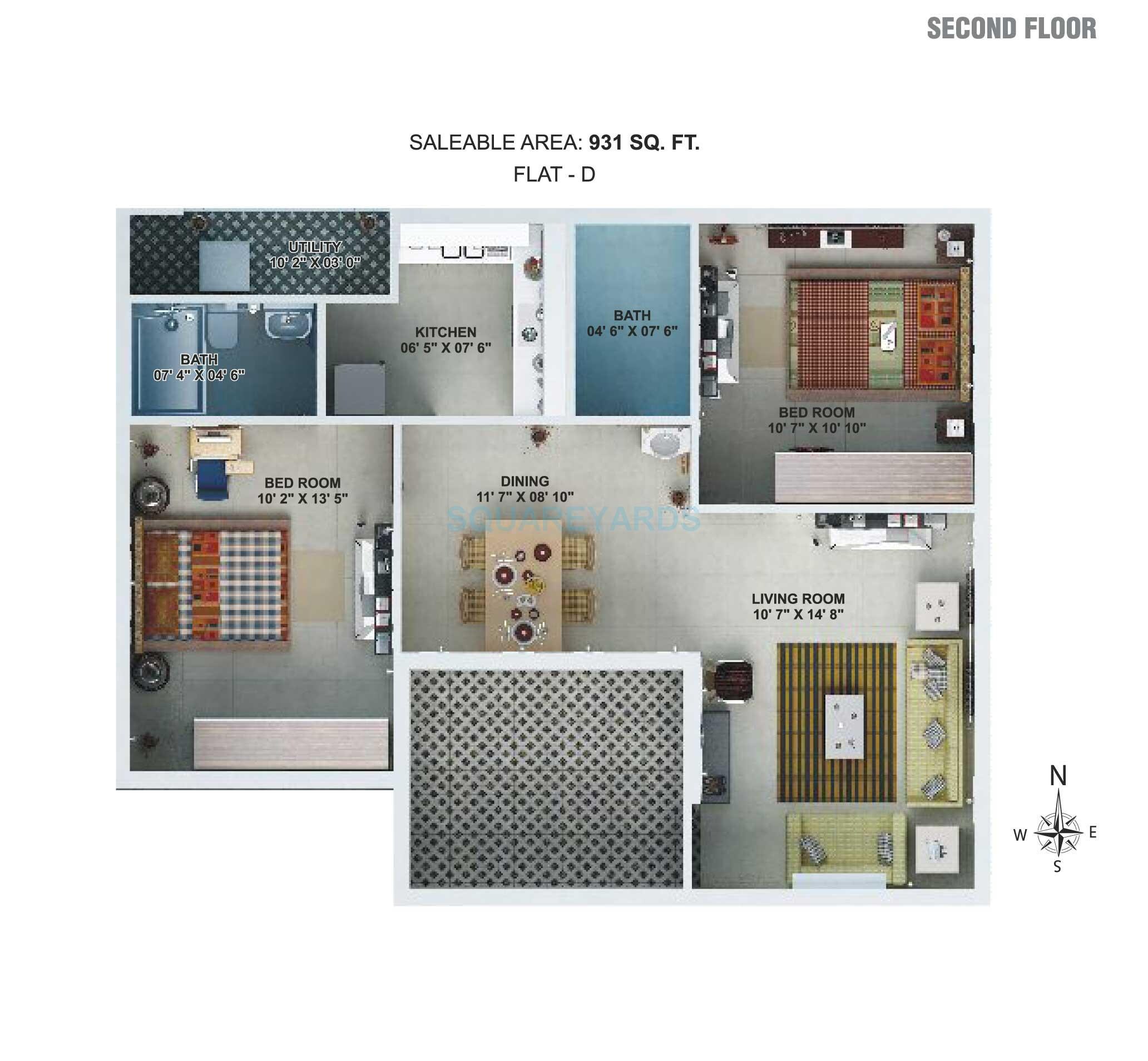 Floor plan of 2 BHK 931 Sq. Ft. Apartment in Nahar Foundations Sugam, Chennai
