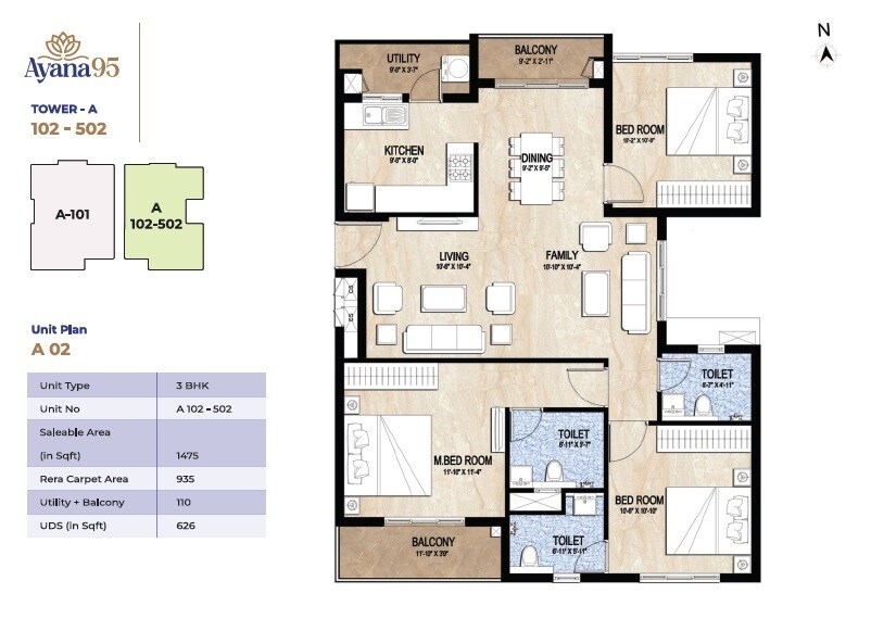Floor plan of 3 BHK 1475 Sq. Ft. Apartment in Nature Ayana 95, Chennai