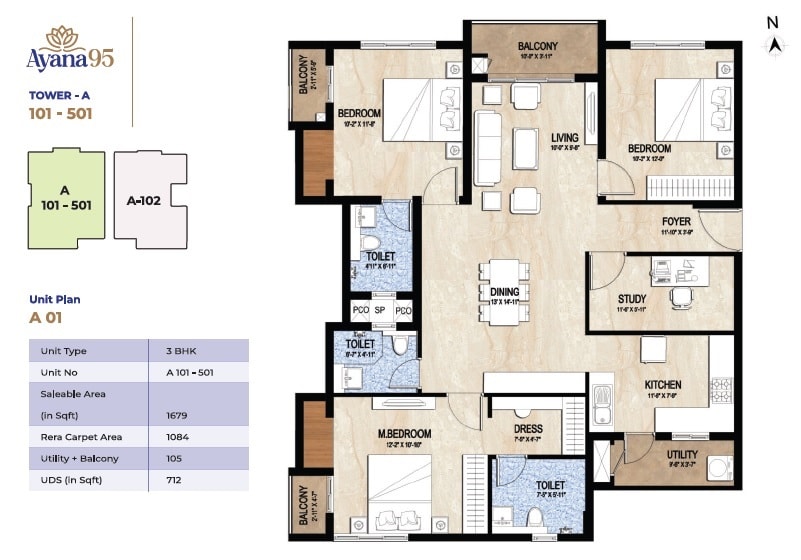 Floor plan of 3 BHK 1679 Sq. Ft. Apartment in Nature Ayana 95, Chennai