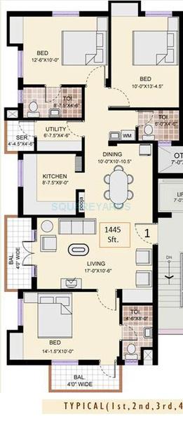 Floor plan of 3 BHK 1445 Sq. Ft. Apartment in Navins Jasmine Buds, Chennai