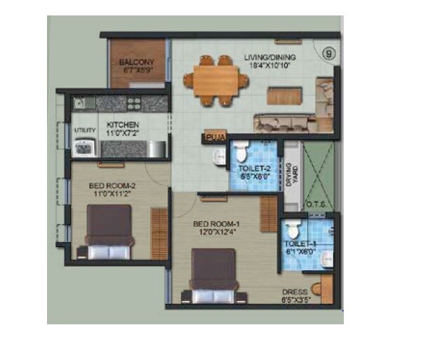 Floor plan of 2 BHK 1125 Sq. Ft. Apartment in Navins Hanging Gardens, Chennai