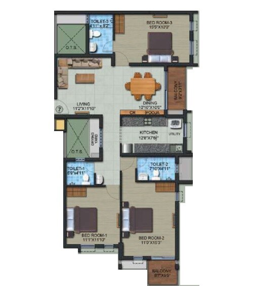 Floor plan of 3 BHK 1660 Sq. Ft. Apartment in Navins Hanging Gardens, Chennai