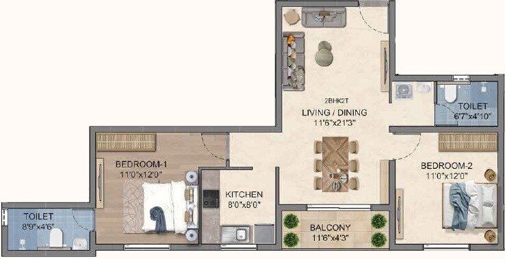 Floor plan of 2 BHK 1084 Sq. Ft. Apartment in Navins Krishna Cove, Chennai