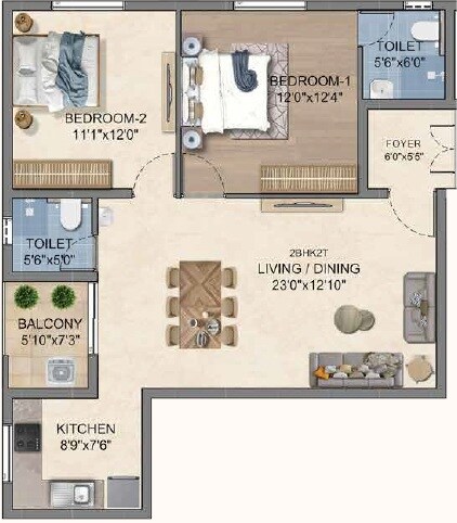 Floor plan of 2 BHK 1109 Sq. Ft. Apartment in Navins Krishna Cove, Chennai