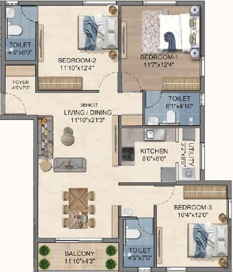 Floor plan of 3 BHK 1412 Sq. Ft. Apartment in Navins Krishna Cove, Chennai