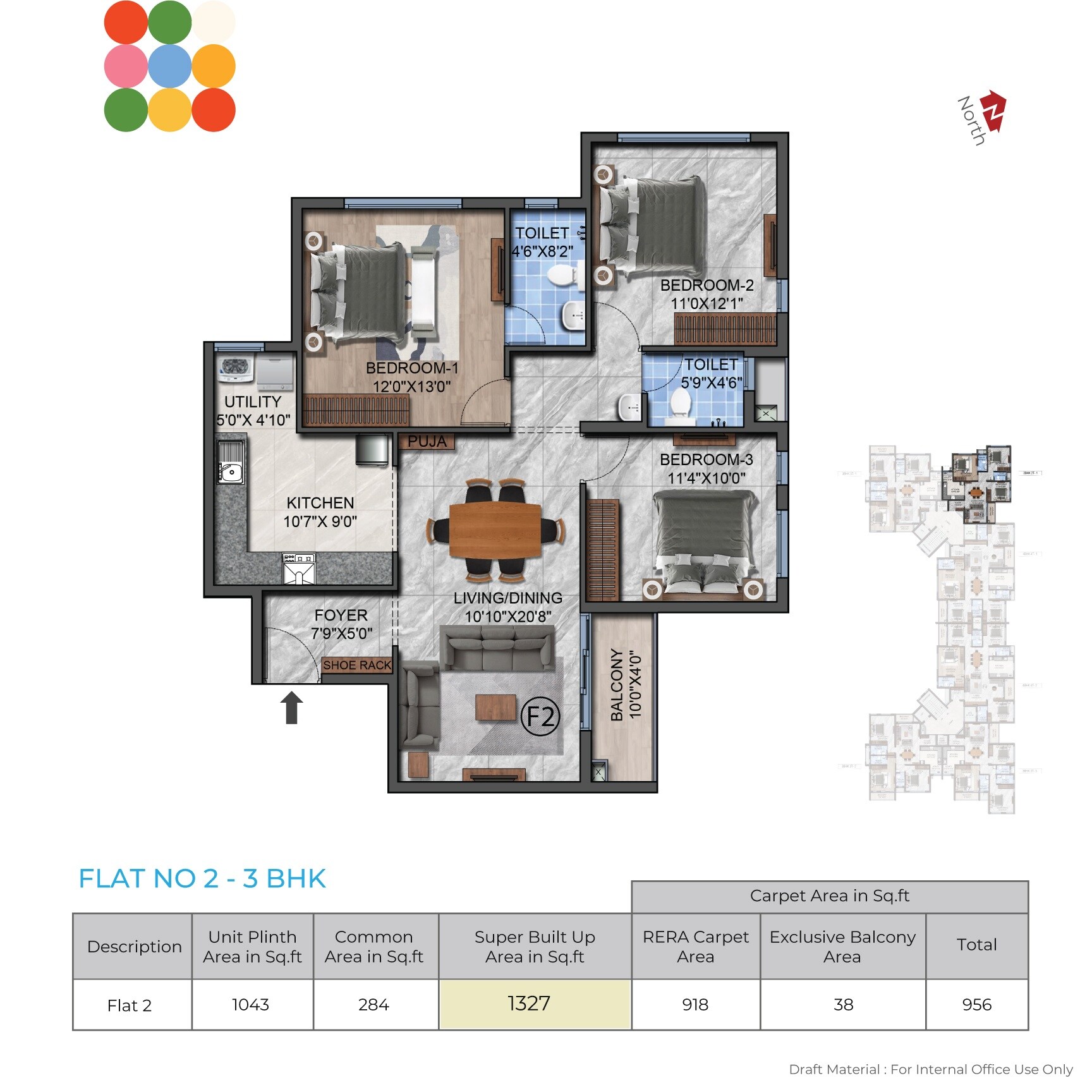 Floor plan of 3 BHK 1327 Sq. Ft. Apartment in Navins RP Enclave, Chennai