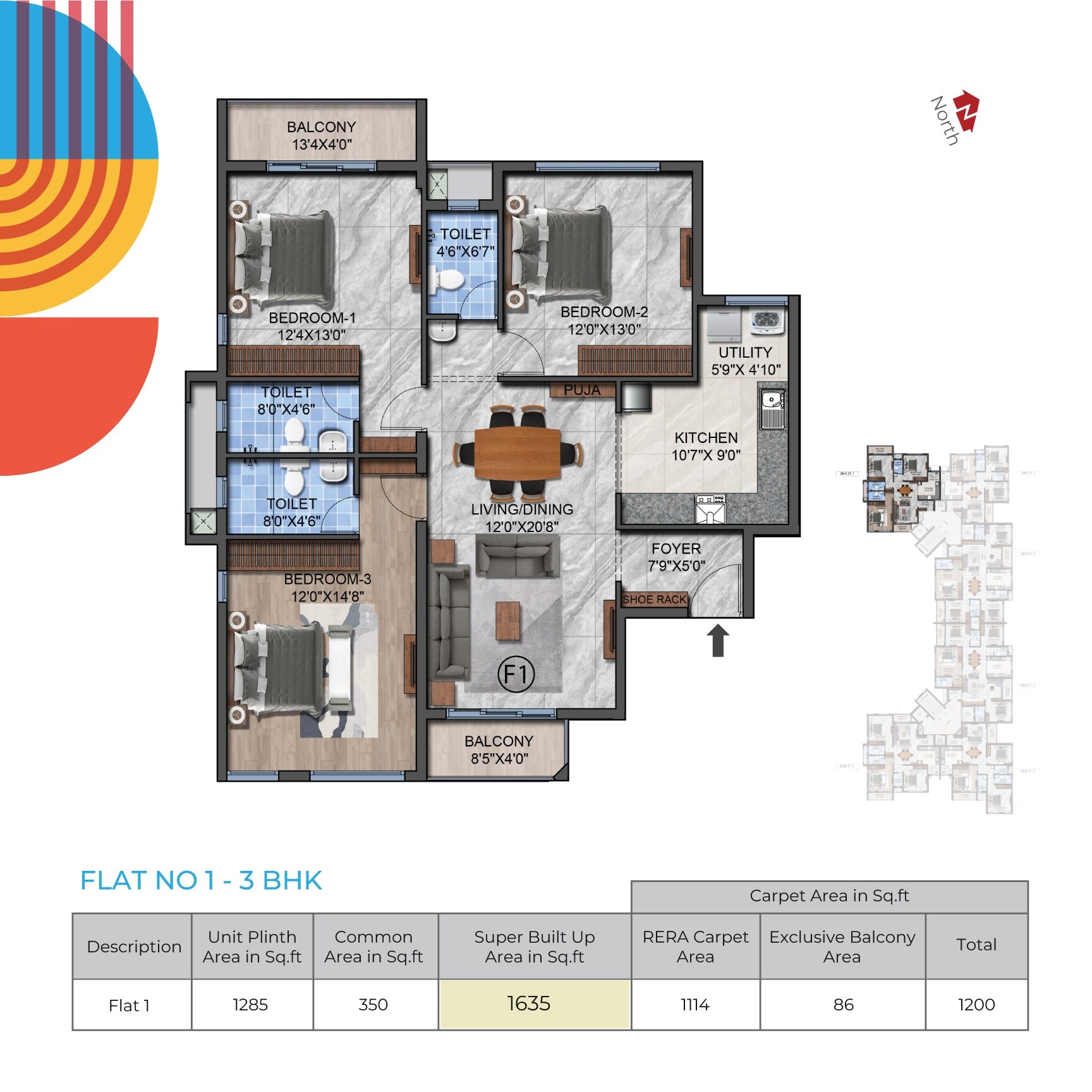 Floor plan of 3 BHK 1635 Sq. Ft. Apartment in Navins RP Enclave, Chennai