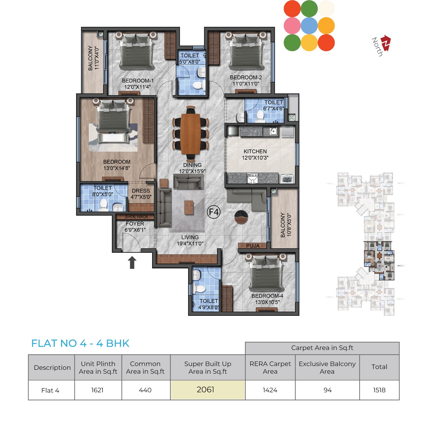 Floor plan of 4 BHK 2061 Sq. Ft. Apartment in Navins RP Enclave, Chennai