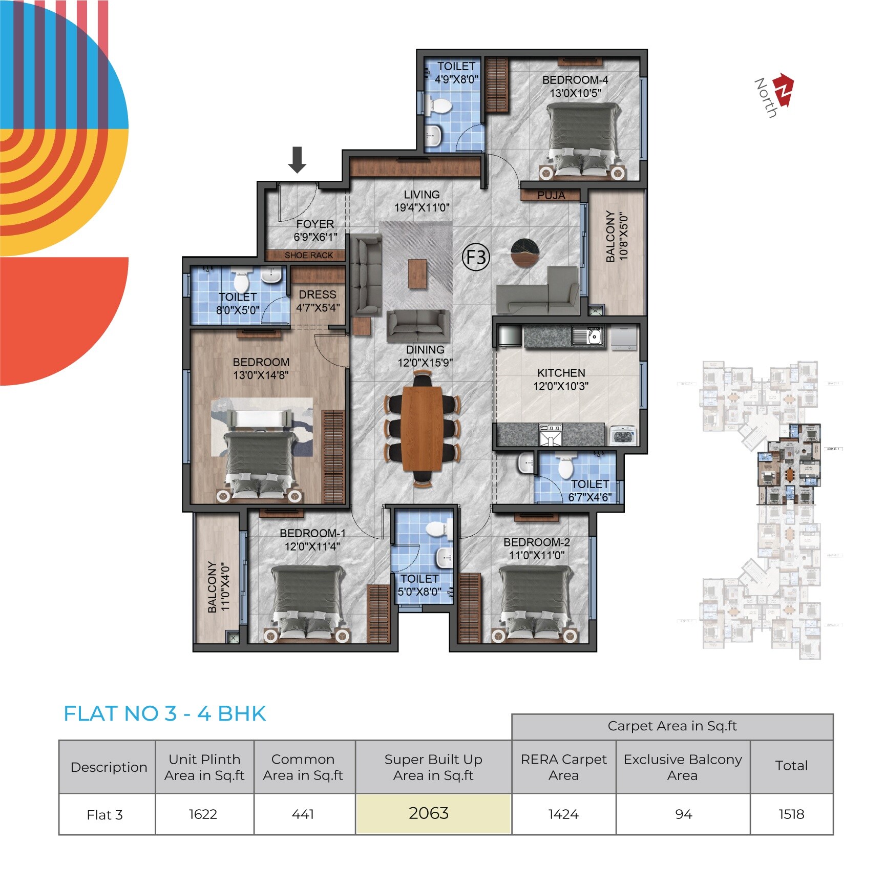 Floor plan of 4 BHK 2063 Sq. Ft. Apartment in Navins RP Enclave, Chennai