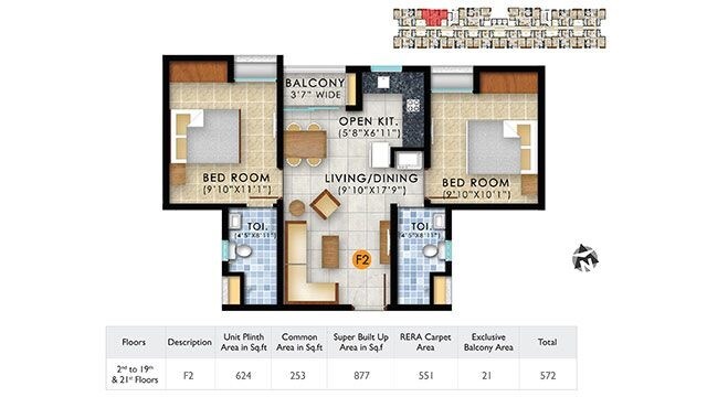 Floor plan of 2 BHK 877 Sq. Ft. Apartment in Navins Starwood Towers, Chennai