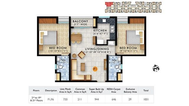 Floor plan of 3 BHK 944 Sq. Ft. Apartment in Navins Starwood Towers, Chennai