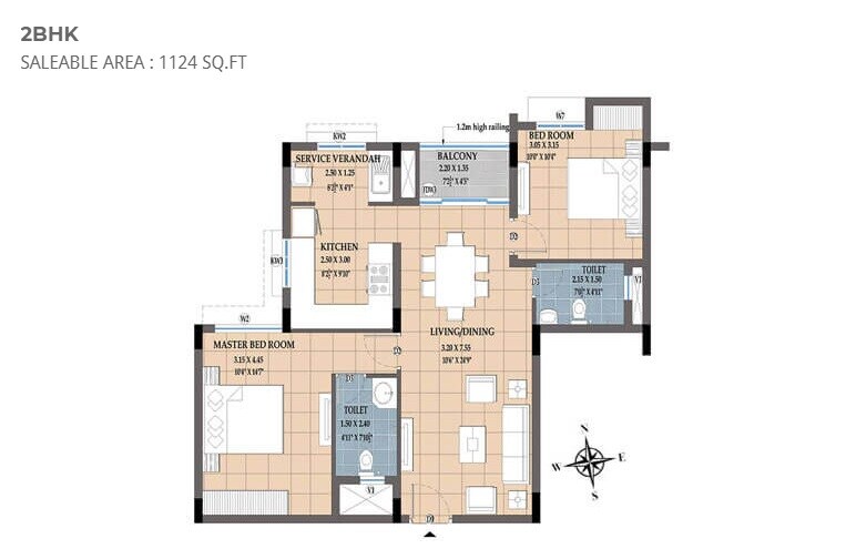 Floor plan of 2 BHK 1099 Sq. Ft. Apartment in NCC Urban Temple Trees, Chennai