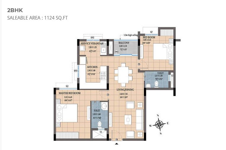 Floor plan of 2 BHK 1124 Sq. Ft. Apartment in NCC Urban Temple Trees, Chennai