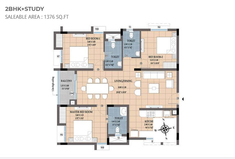Floor plan of 3 BHK 1376 Sq. Ft. Apartment in NCC Urban Temple Trees, Chennai
