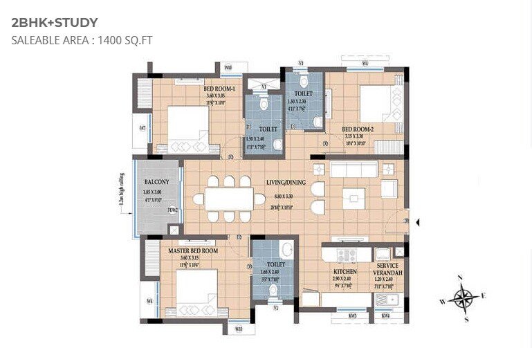 Floor plan of 3 BHK 1400 Sq. Ft. Apartment in NCC Urban Temple Trees, Chennai