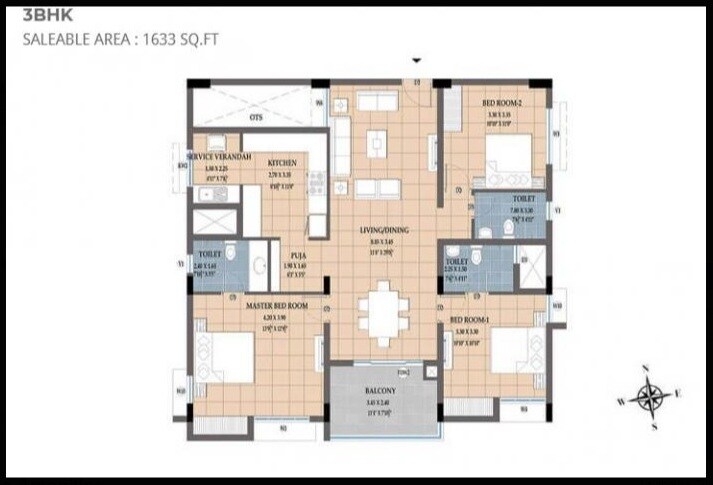 Floor plan of 3 BHK 1633 Sq. Ft. Apartment in NCC Urban Temple Trees, Chennai