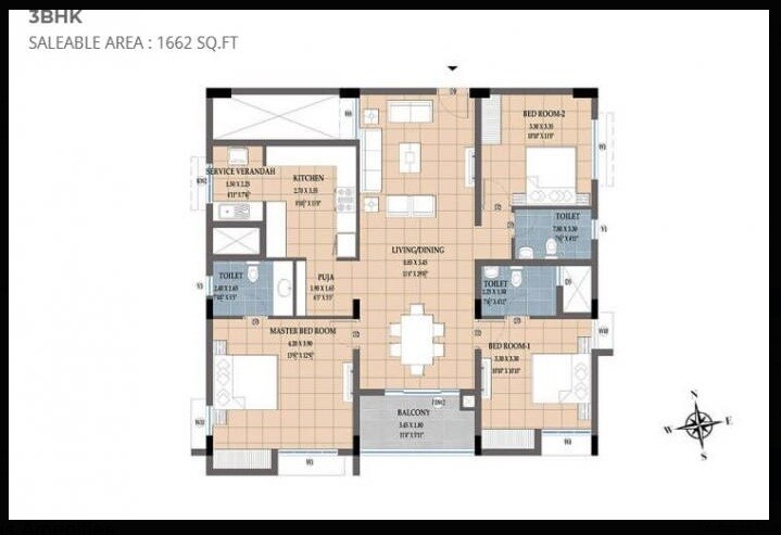 Floor plan of 3 BHK 1662 Sq. Ft. Apartment in NCC Urban Temple Trees, Chennai