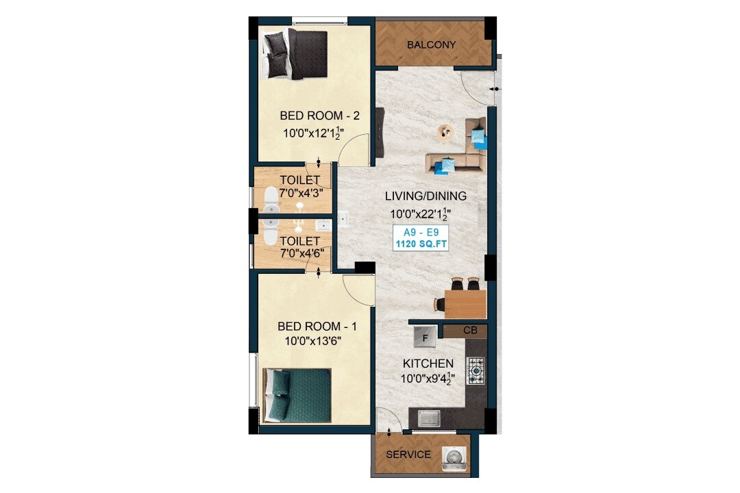 Floor plan of 2 BHK 1120 Sq. Ft. Apartment in Nest Harmony, Chennai