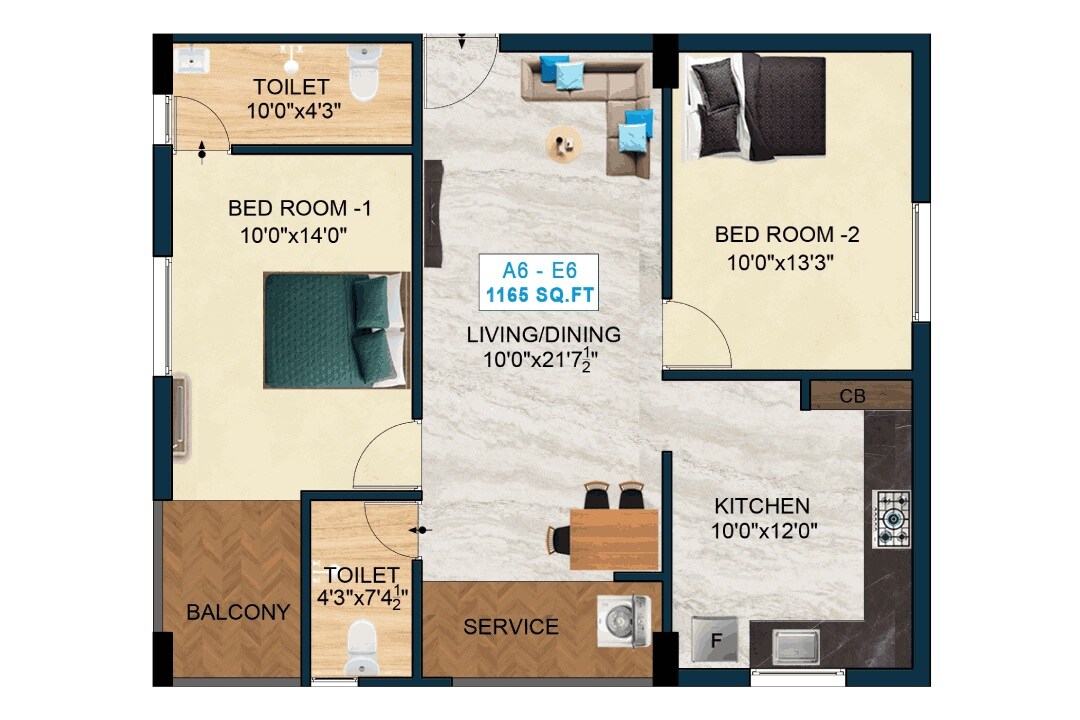 Floor plan of 2 BHK 1165 Sq. Ft. Apartment in Nest Harmony, Chennai
