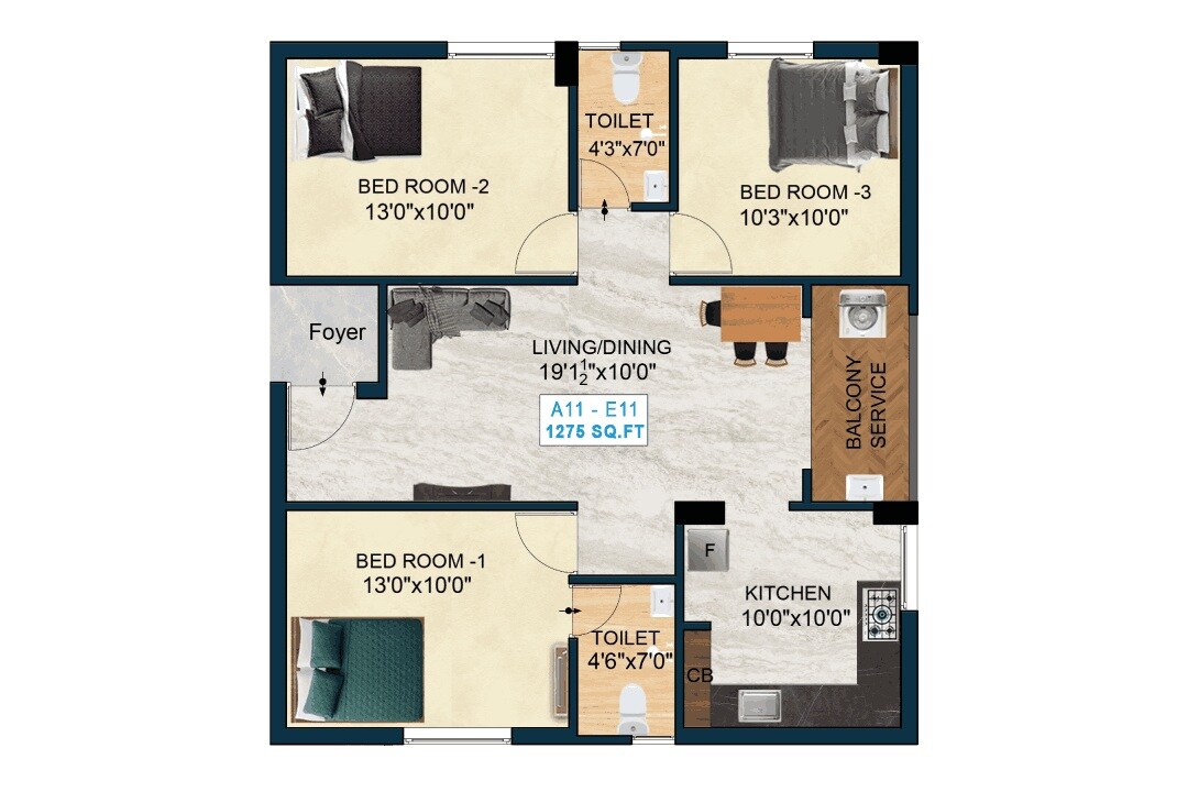 Floor plan of 3 BHK 1275 Sq. Ft. Apartment in Nest Harmony, Chennai