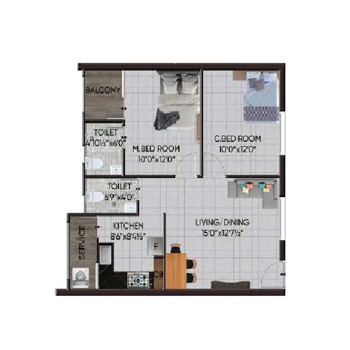 2 BHK 975 Sq. Ft. Apartment