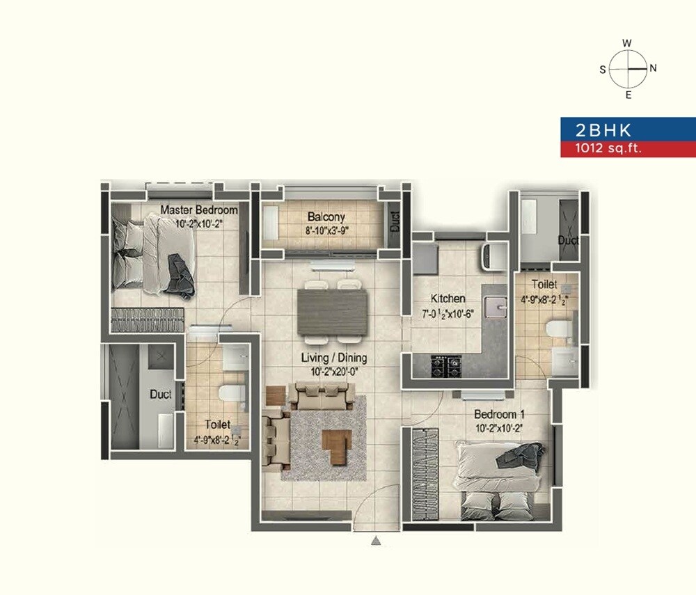 Floor plan of 2 BHK 1012 Sq. Ft. Apartment in Newry Altura, Chennai