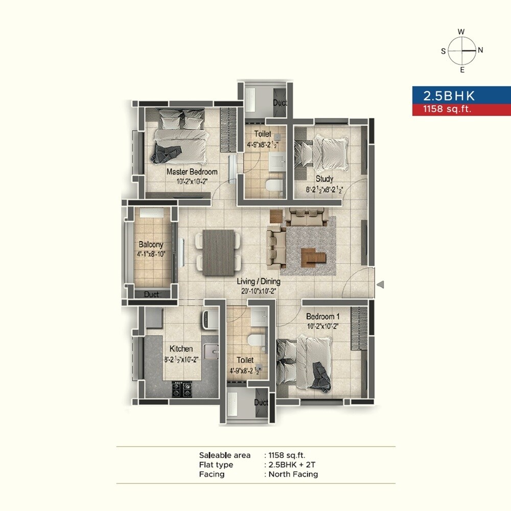 Floor plan of 2 BHK 1158 Sq. Ft. Apartment in Newry Altura, Chennai