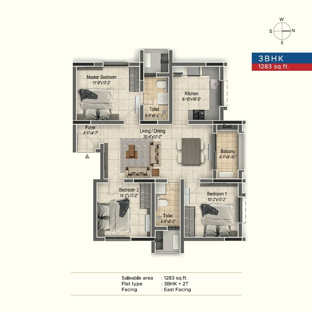 Floor plan of 3 BHK 1283 Sq. Ft. Apartment in Newry Altura, Chennai