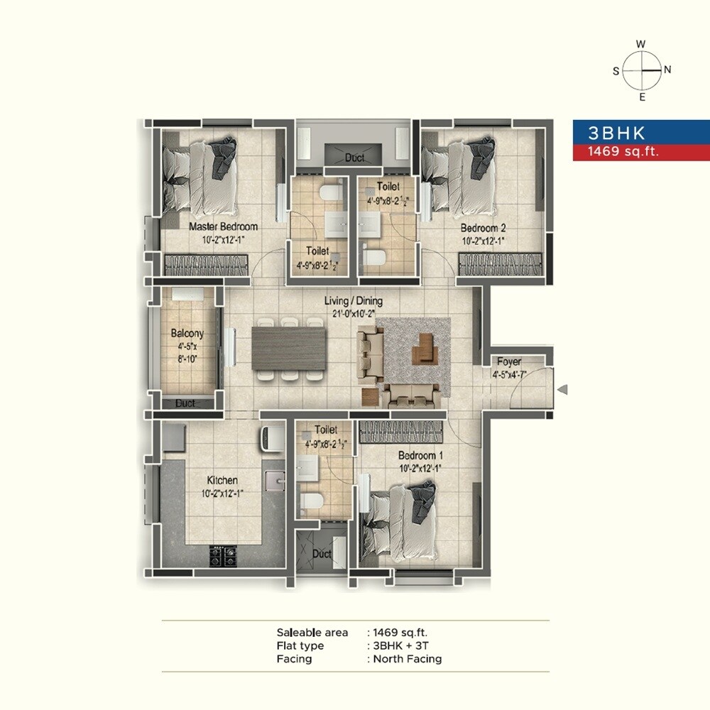 Floor plan of 3 BHK 1469 Sq. Ft. Apartment in Newry Altura, Chennai