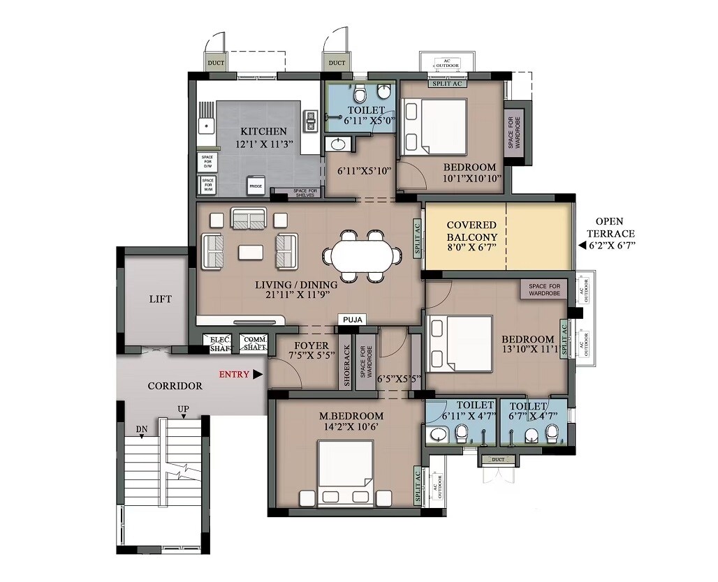 Floor plan of 3 BHK Apartment - 1043 sq. ft. in Newry Astor, Chennai